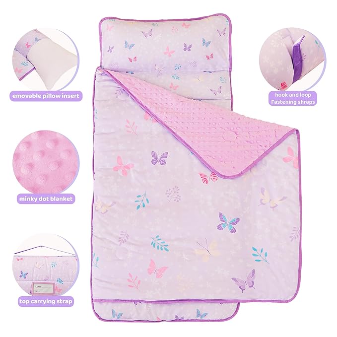 Viviland Toddler Kid Nap Mat for Preschool, Girls Purple Butterfly Slumber Bag - Image 2