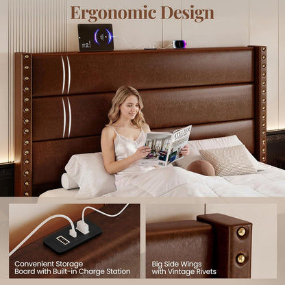 queen size 55" tall faux leather platform bed, close-up detail