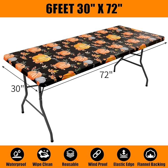 Smiry Plastic Thanksgiving Tablecloth, Pumpkin Waterproof Elastic Fitted Table - Image 8