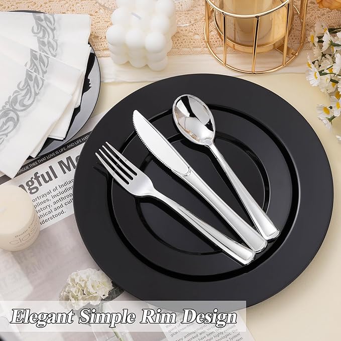 200PCS Black Plastic Plates Set, 100 10.25 inch Dinner Plates and 100 7.5 inch Dessert Plates, Premium Disposable Plates for Party, Wedding,Halloween
