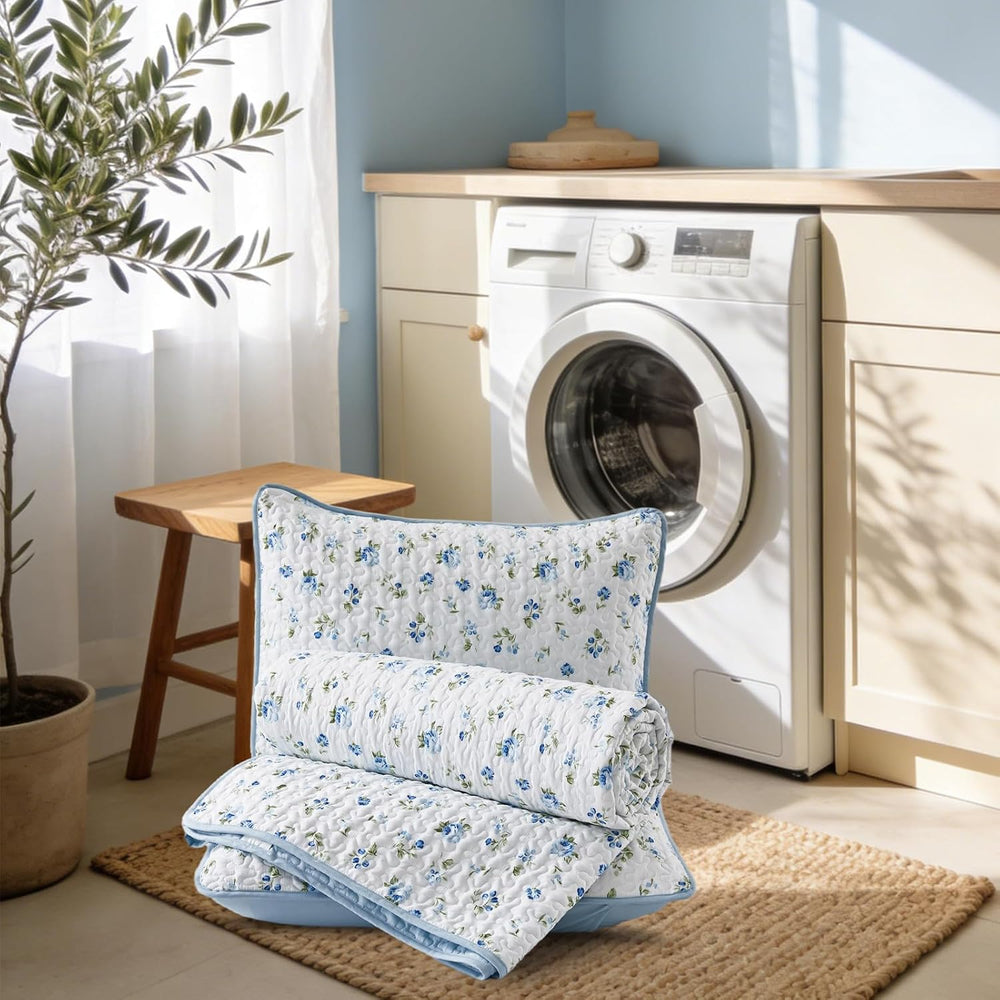 Queen/Full Size Floral Quilt Set Blue Shabby Chic Flower Bedspreads Set