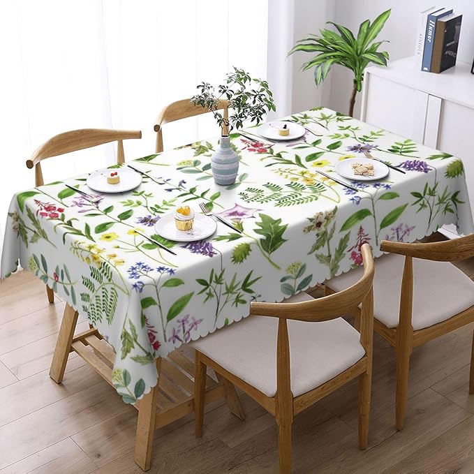Botanical Tablecloth Green Herbs Plants Flowers Leaves Watercolor Natural Table - Image 2