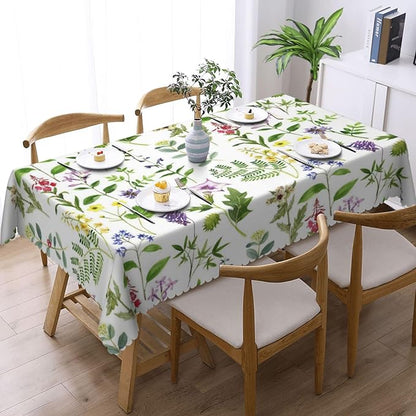 Botanical Tablecloth Green Herbs Plants Flowers Leaves Watercolor Natural Table - Image 2