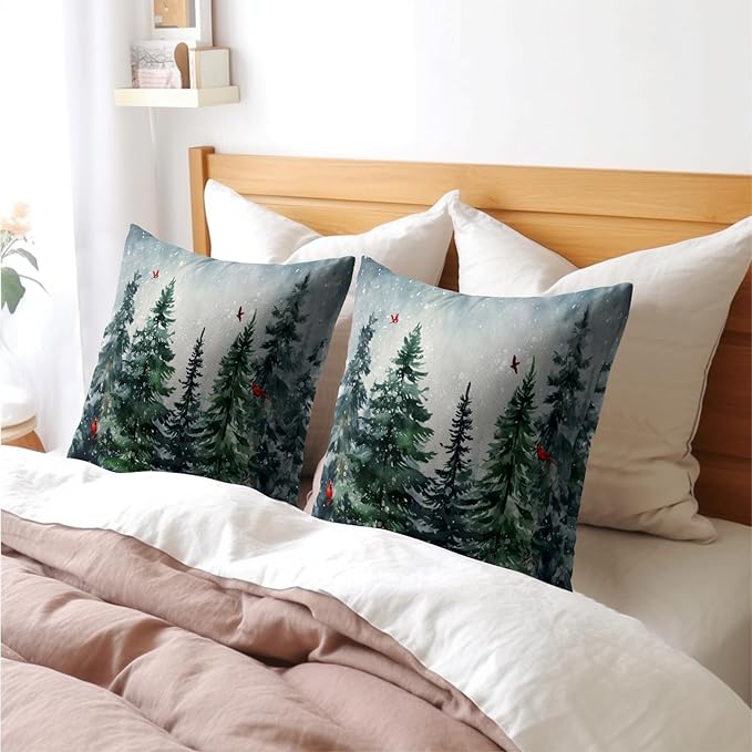 Green Tree Throw Pillow Covers Winter Snowy Forest Pillowcase 16x16 inch 2 PCS - Image 8