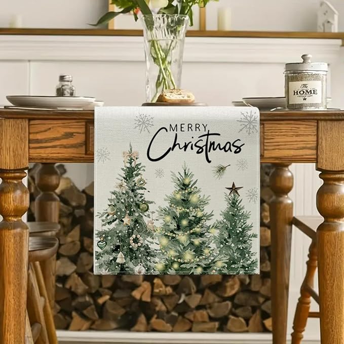 Christmas Trees Stars Table Runner 13x72 Inch Merry Christmas Cedar Snowflaks - Image 2
