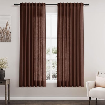 Rustic Brown Linen Curtains 63 Inches Long 2 Panel Sets by Nanspring