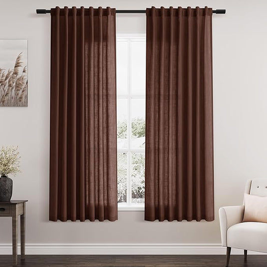 Rustic Brown Linen Curtains 63 Inches Long 2 Panel Sets by Nanspring
