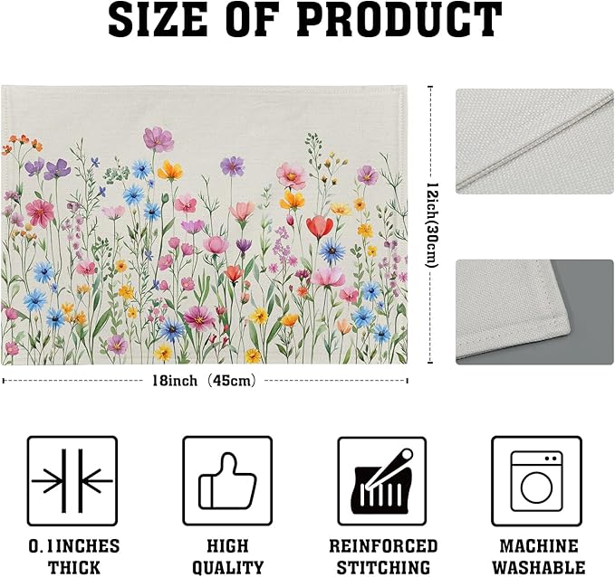Giwawa 4PCs Spring Floral Placemats Summer Wildflowers Place Mat 12x18 Inch - Image 4