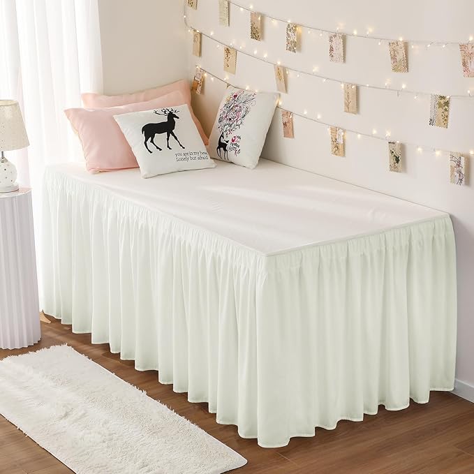 RIMELA Dorm Bed Skirt Twin XL 46 Inch Drop, Cream Bedskirt Solid Silky Fabric by RIMELABedSkirt