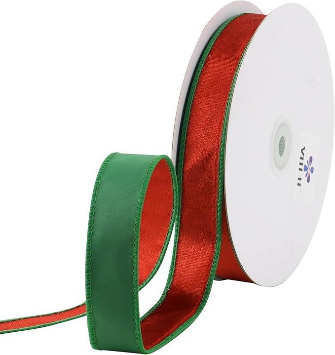 MEEDEE Crushed Red Velvet & Green Back Double Sided Christmas Wired Ribbon - Image 9