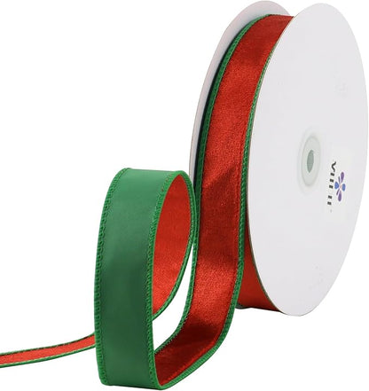 MEEDEE Crushed Red Velvet & Green Back Double Sided Christmas Wired Ribbon - Image 9