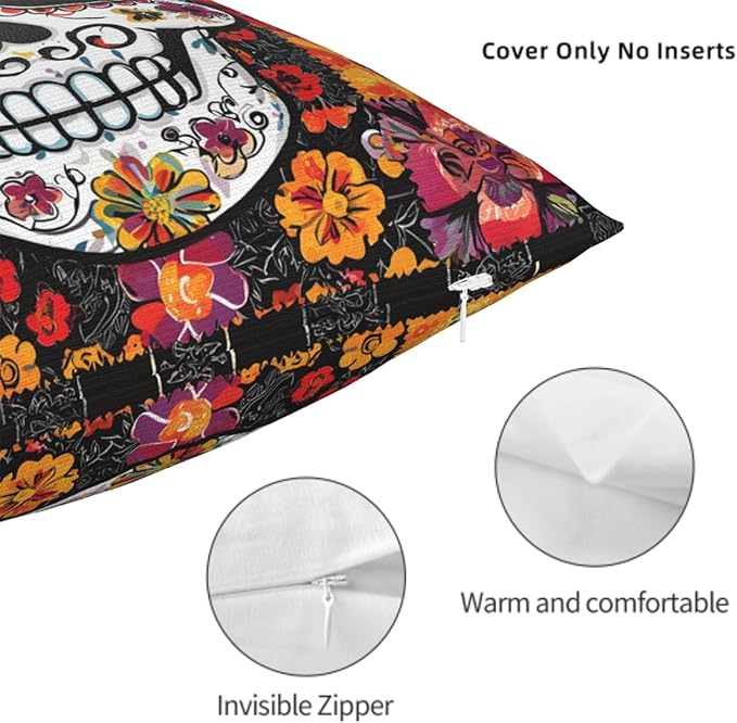 Throw Pillow Covers 18x18 Set of 2, Sugar Skull Cushion Covers, Decorative - Image 6
