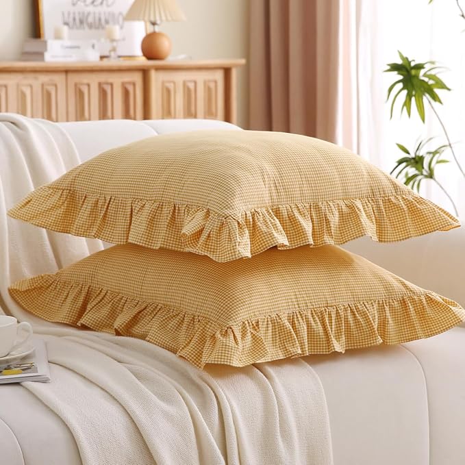 Vintage Yellow Plaid Ruffle Throw Pillow Covers 20x20 inches, Washed Cotton - Image 3