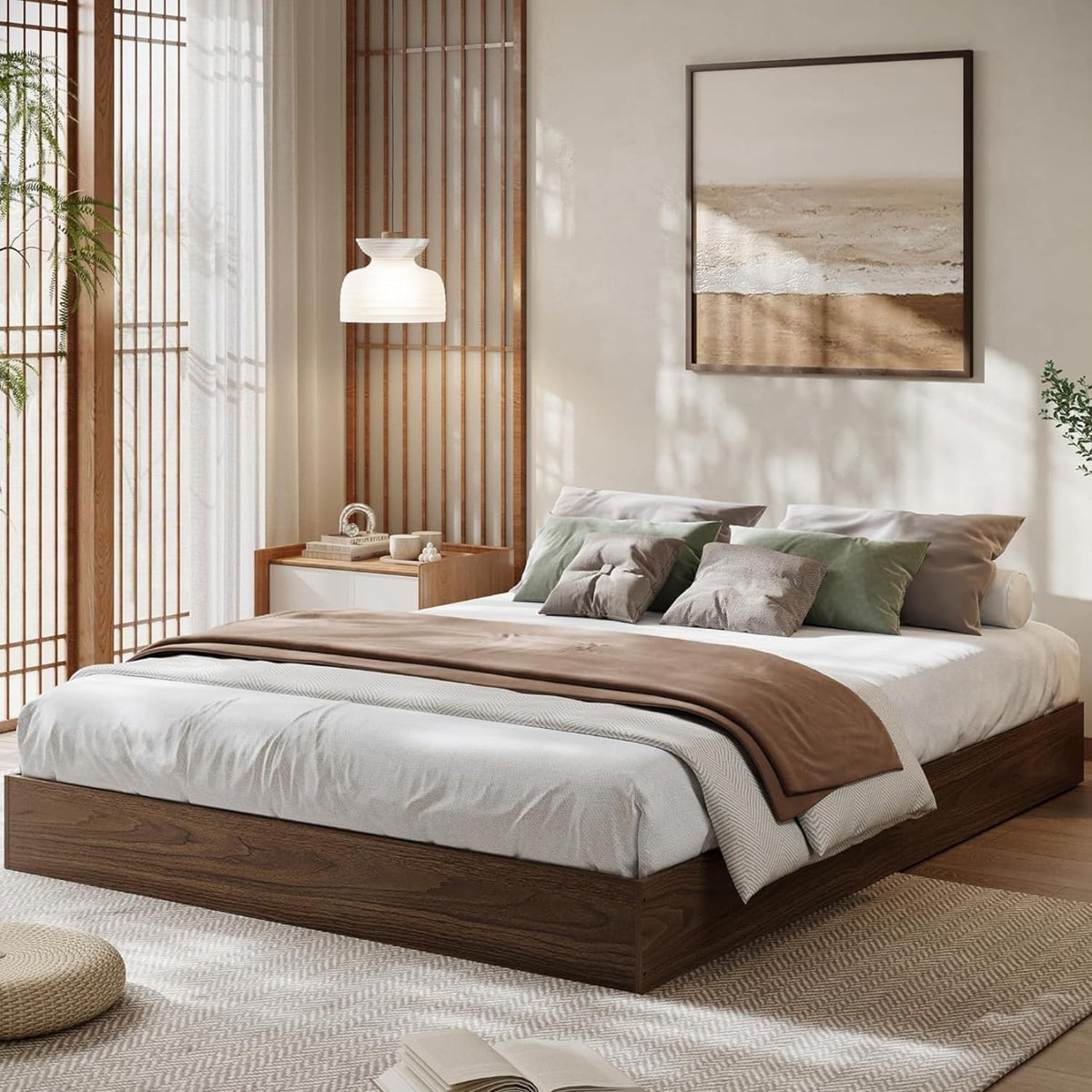 queen bed frame, wood platform bed with sturdy on a desk or shelf
