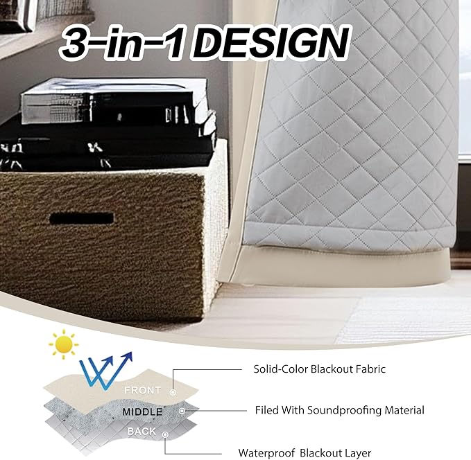 3-in-1 100% Beige Blackout Curtain Heavy Soundproof Curtains Single Panel - Image 3