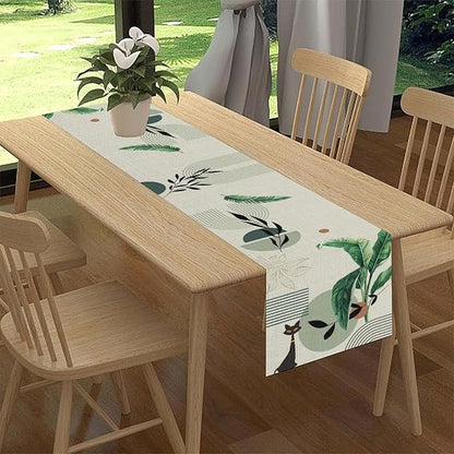 Boho Sage Green Table Runner, Mid Century Modern Black Cat Tropical Plants Palm - Image 2