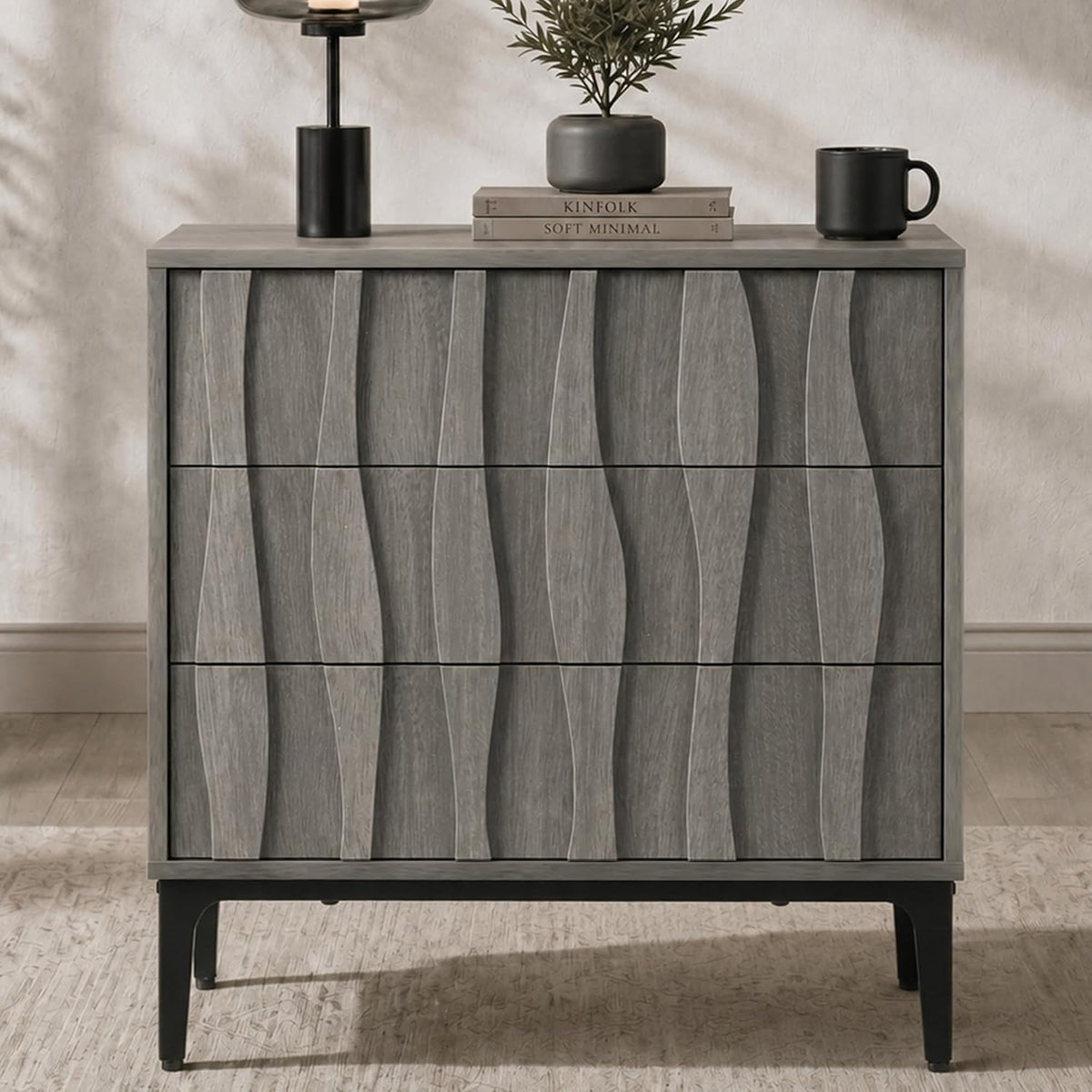 fluted 3‑drawer nightstand, 3d wave front table, gray, main product view
