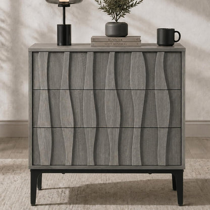 fluted 3‑drawer nightstand, 3d wave front table, gray, main product view