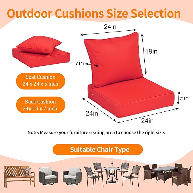 24x24'' Outdoor Chair Cushion Set of 2, UV&Fade Resistant Deep Seat Patio - Image 2