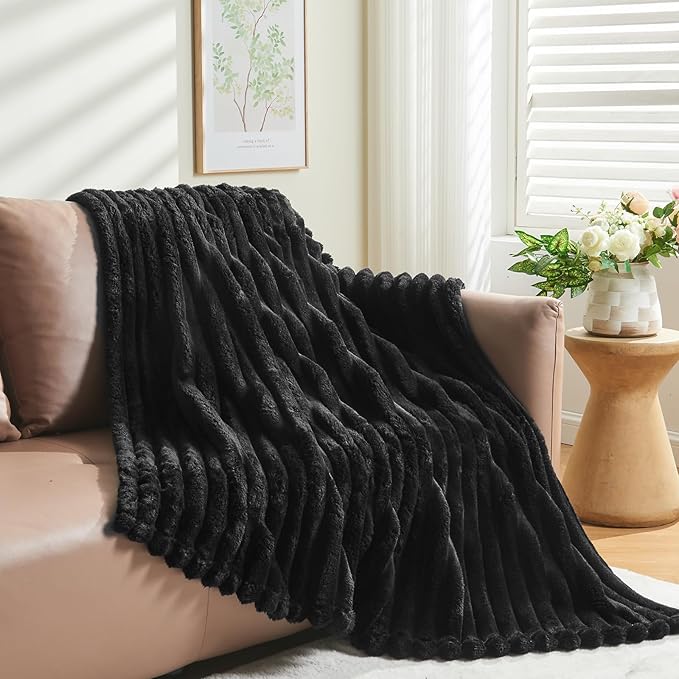 NEWCOSPLAY Super Soft Twin Blanket Black Premium Silky Flannel Fleece 3D Ribbed - Image 8