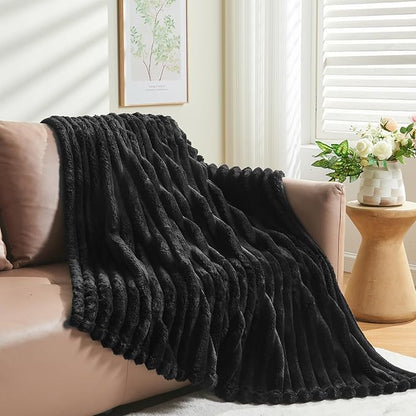 NEWCOSPLAY Super Soft Twin Blanket Black Premium Silky Flannel Fleece 3D Ribbed - Image 8