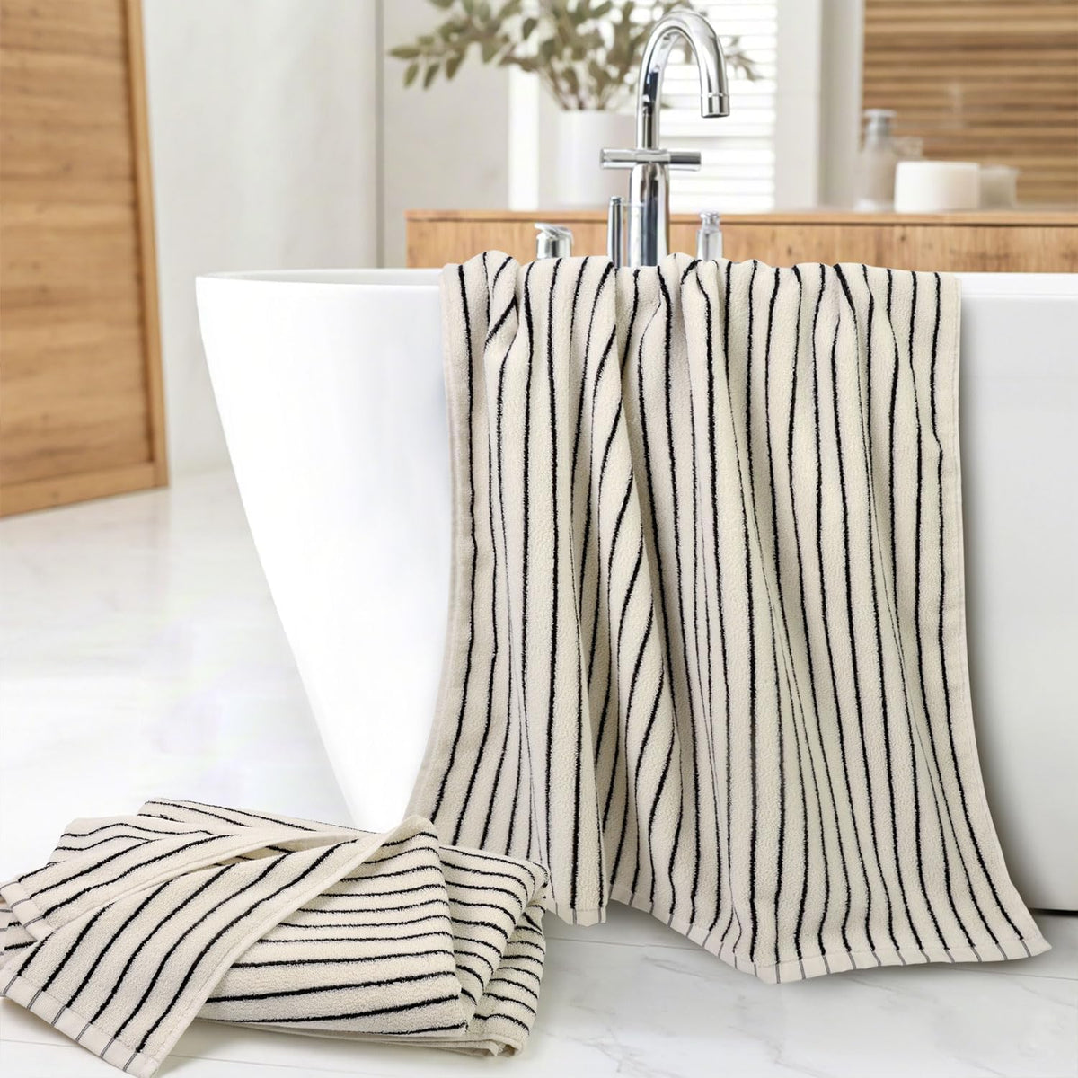 black and ivory striped bath towels set of, side view
