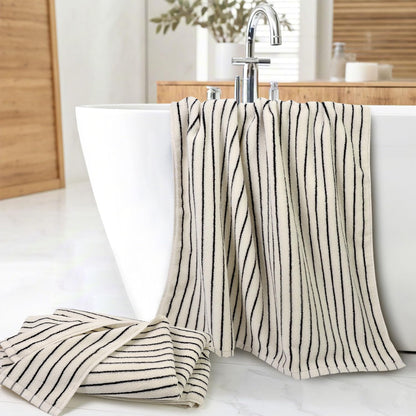 black and ivory striped bath towels set of, side view