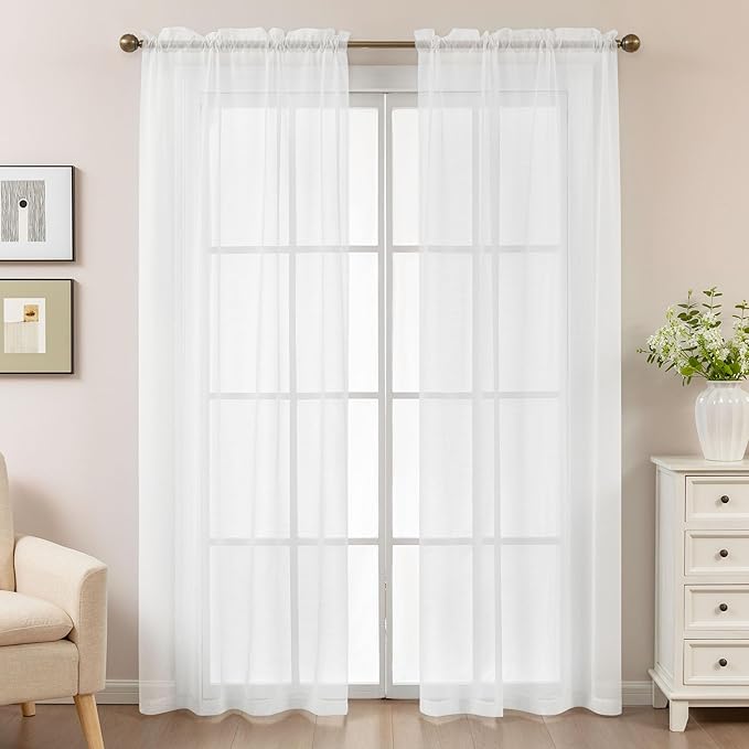 White Sheer Curtains 84 Inches Long, Privacy Semi Sheer Curtains - Image 2