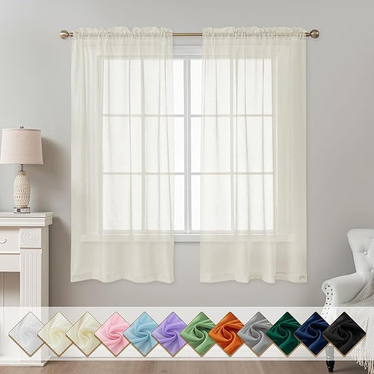 Ivory Sheer Curtains 63 Inch Length, Privacy Semi Sheer Curtains by ABLUEN