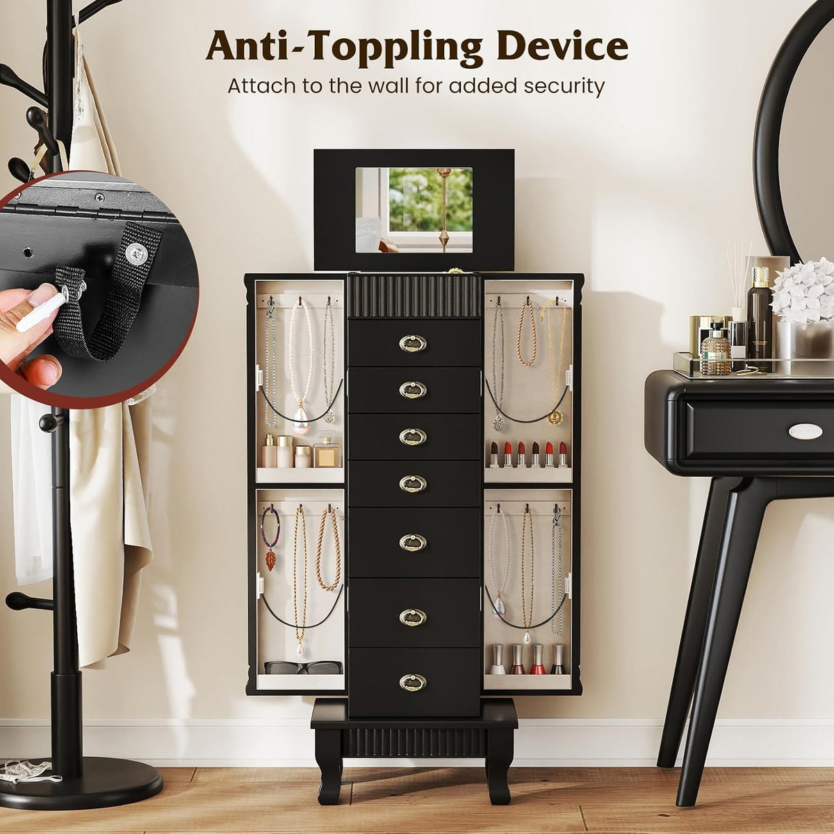 giantex standing jewelry cabinet with 7 drawers, flip-top, front angle view