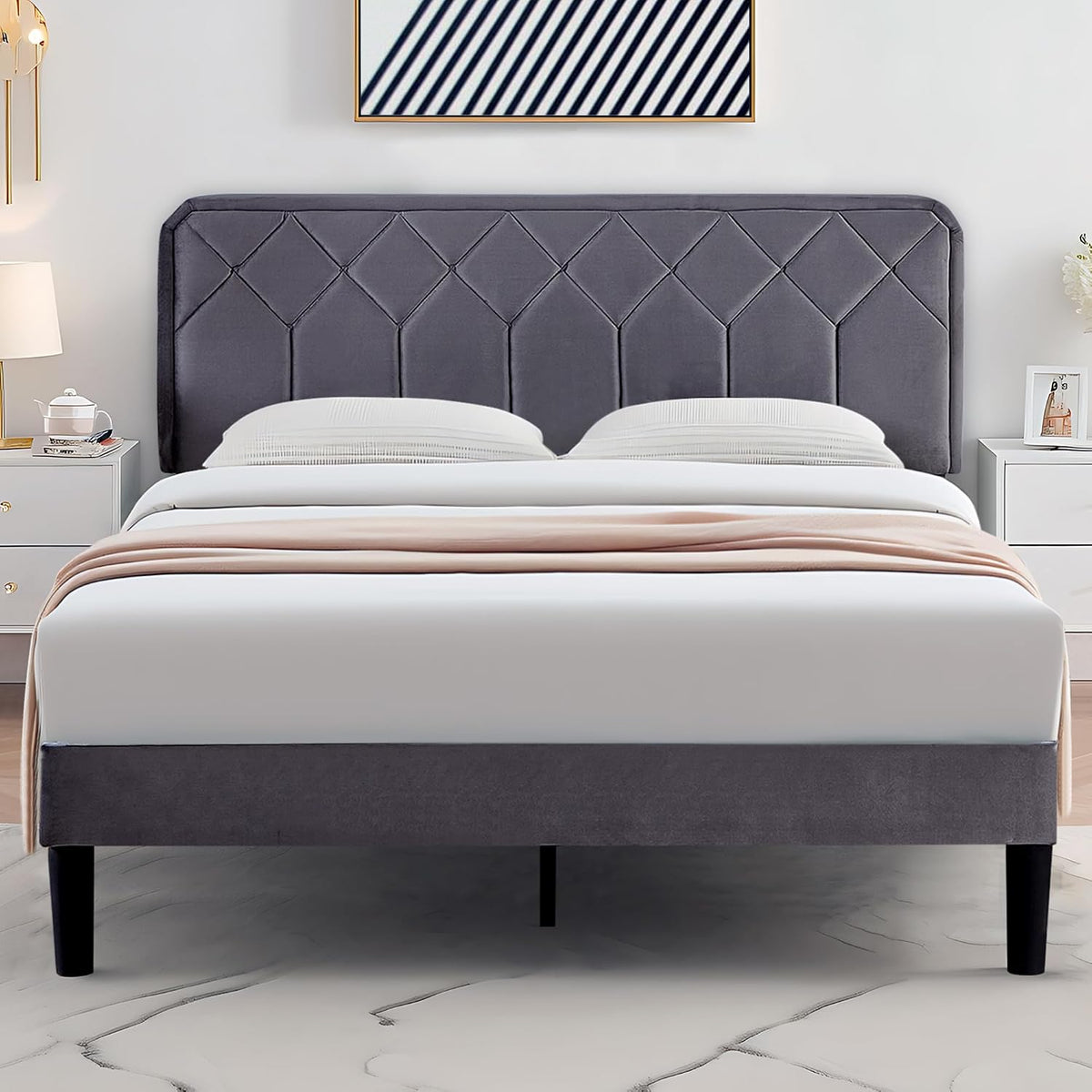 vecelo queen size bed frame, velvet upholstered platform, main product view