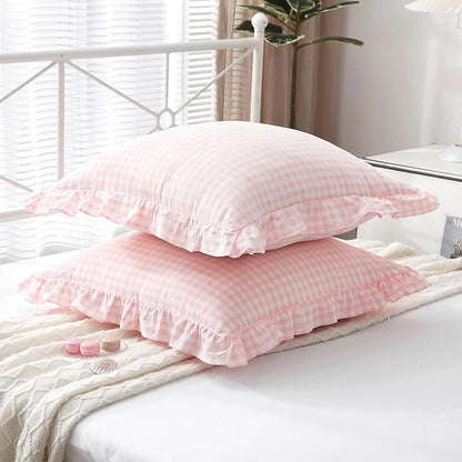 2 Pack Blush White Plaid Ruffle Gingham Euro Shams Pillow Covers, 100% Washed - Image 3