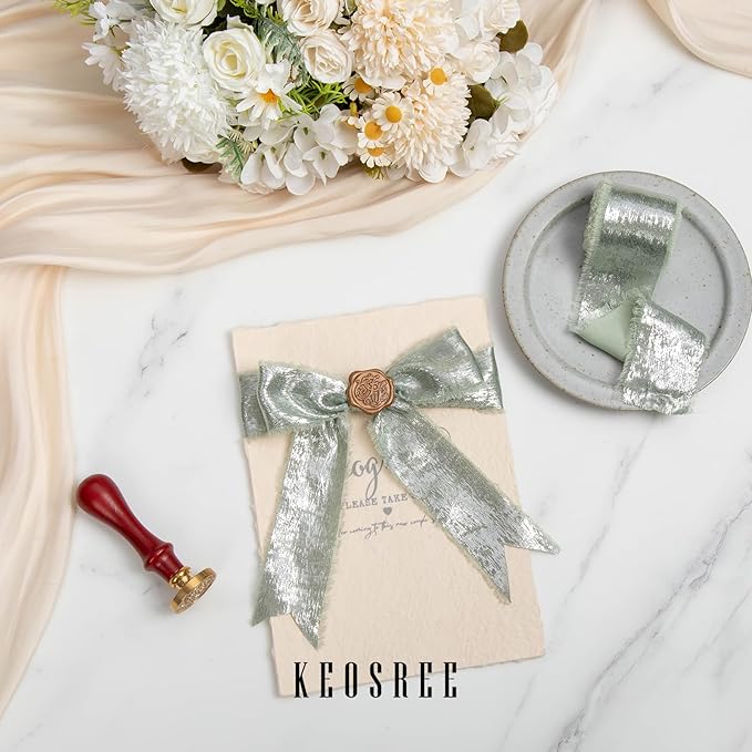 Sage Green Silk Chiffon Ribbon, Frayed Shimmery Silk Ribbon - Image 3