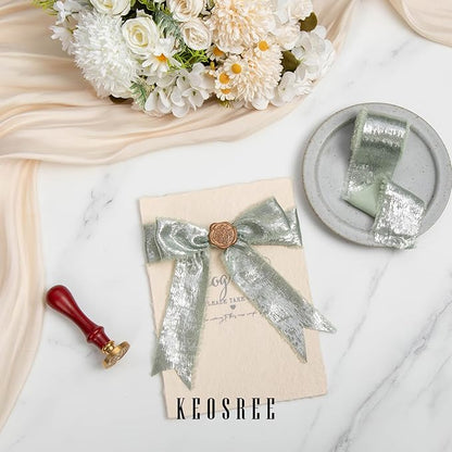 Sage Green Silk Chiffon Ribbon, Frayed Shimmery Silk Ribbon - Image 3