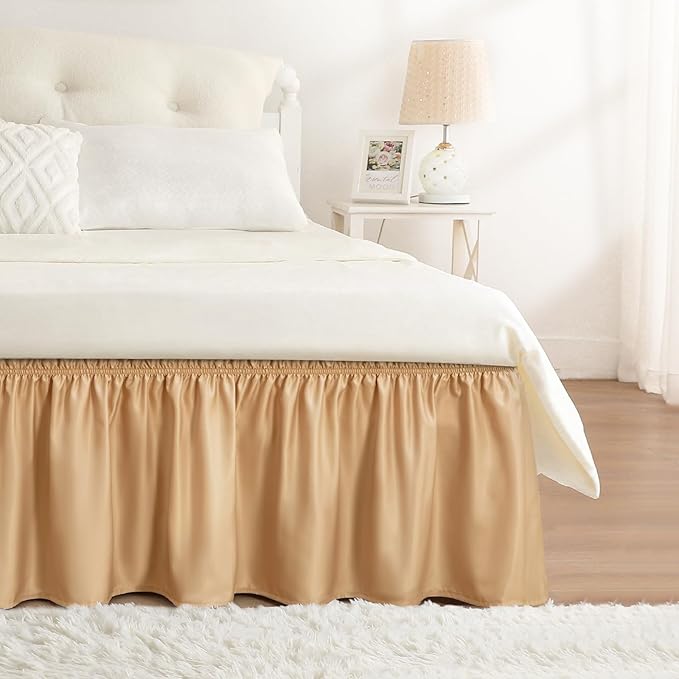 RIMELA Bed Skirt Queen Size Champagne Gold 15 Inch Drop, Wrap Around Elastic by RIMELABedSkirt