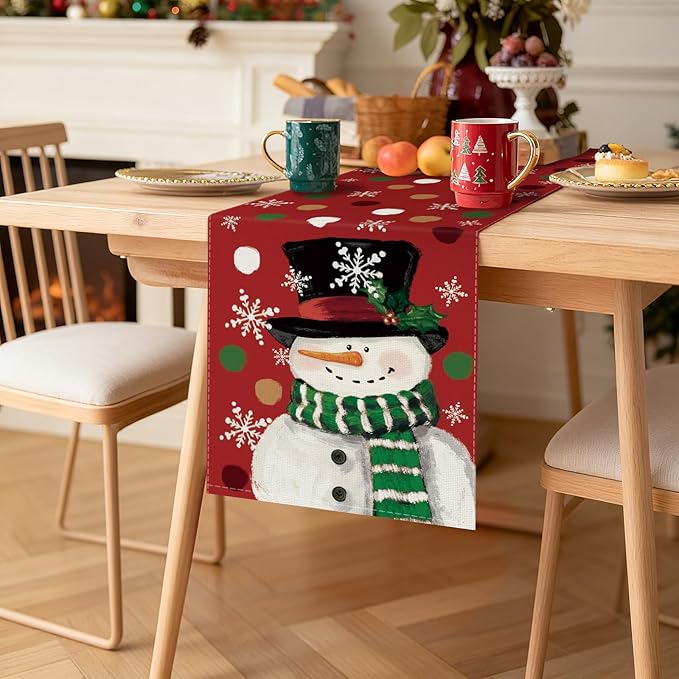 OTOSTAR Snowman Snowflake Christmas Table Runner, Xmas Seasonal Winter Holiday - Image 8