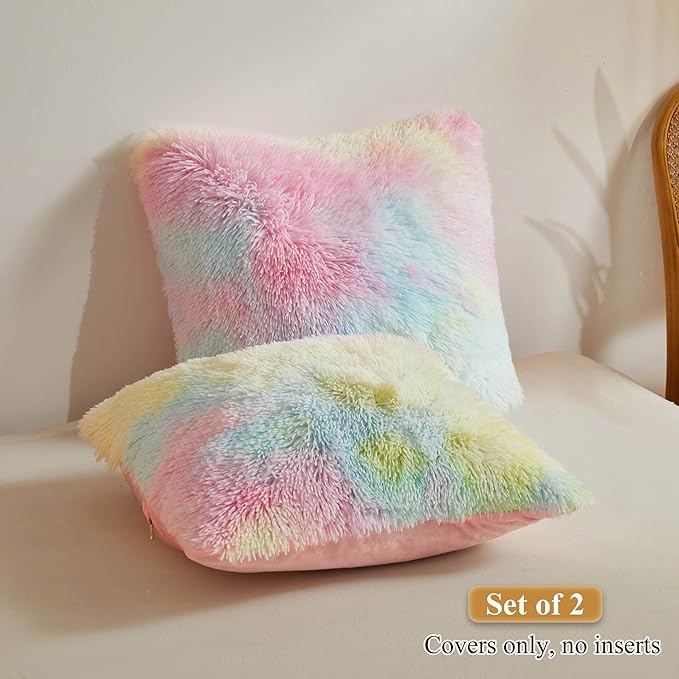 XeGe Rainbow Faux Fur Throw Pillow Covers, Tie Dye Multicolor Shaggy Decorative - Image 2