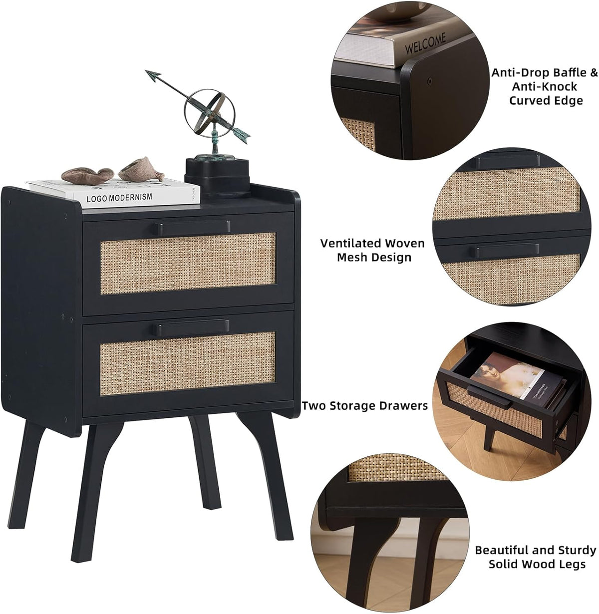 lerliuo rattan nightstands set of 2 for bedroom, side view