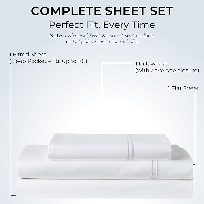 100% Natural Cotton Bed Sheets | 500 TC Single-Ply Sateen Weave Twin XL Sheets - Image 3