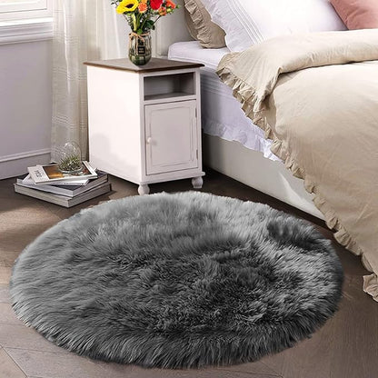 Latepis Dark Grey Round Rugs 5ft Faux Sheepskin Fur Rug - Image 7