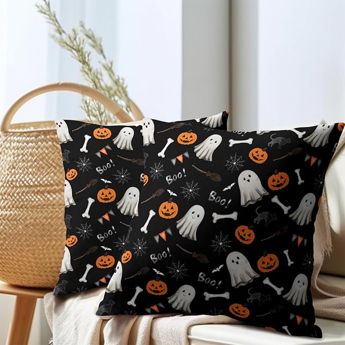 Halloween Throw Pillow Covers 18X18 Inch Set of 2 Boo Cute Ghost Orange - Image 7