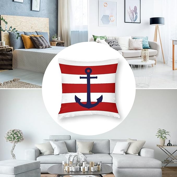 Myshe Square Nautical Navy Blue Anchor On Red Stripes Throw Pillow Cover - Image 5