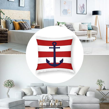 Myshe Square Nautical Navy Blue Anchor On Red Stripes Throw Pillow Cover - Image 5