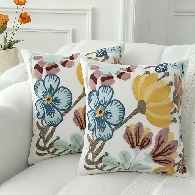 18x18 Embroidered Throw Pillow Covers Set – White Pumpkin Blossom Cotton by EmbroideredLiving