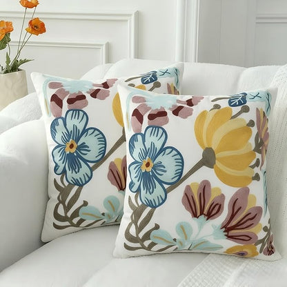 18x18 Embroidered Throw Pillow Covers Set – White Pumpkin Blossom Cotton by EmbroideredLiving