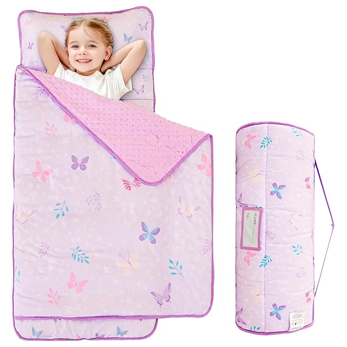Viviland Toddler Kid Nap Mat for Preschool, Girls Purple Butterfly Slumber Bag by VIVILAND