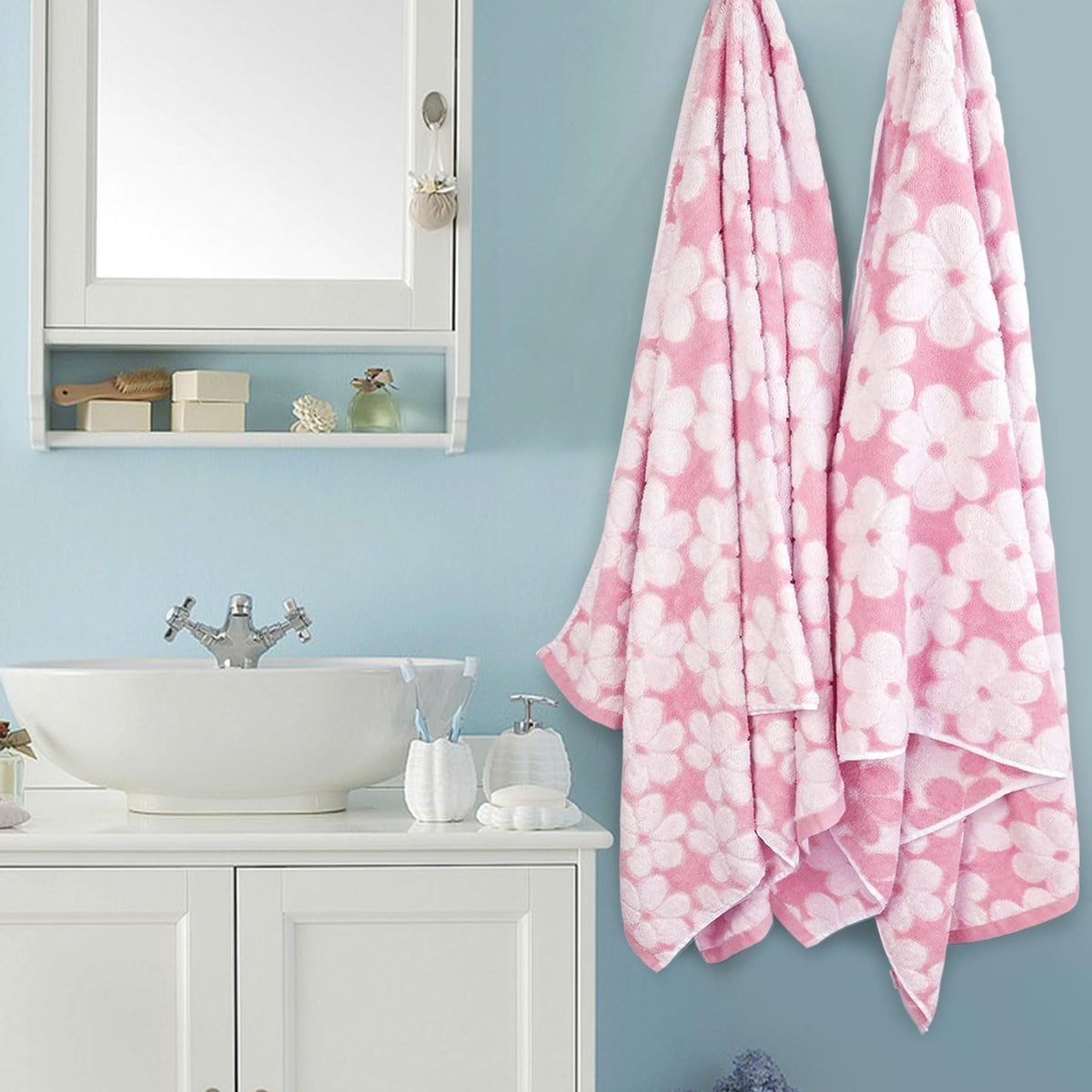 pink bath towels set of 2, super absorbent showing dimensions