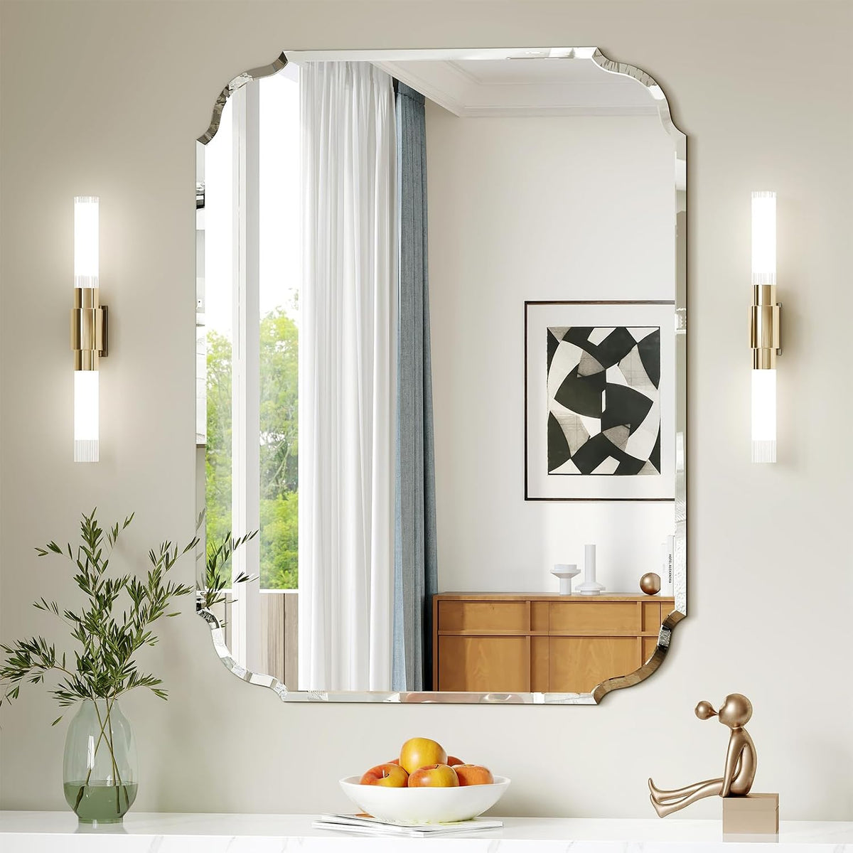 beveled frameless bathroom mirror with scalloped edges, 24", main product view