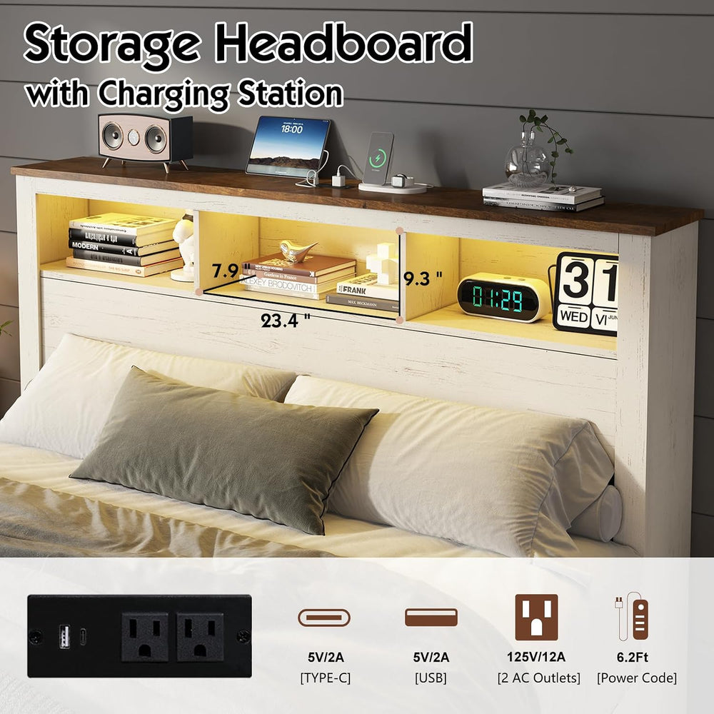 LUXOAK King Size Bed Frame with Storage Headboard and Footboard, White