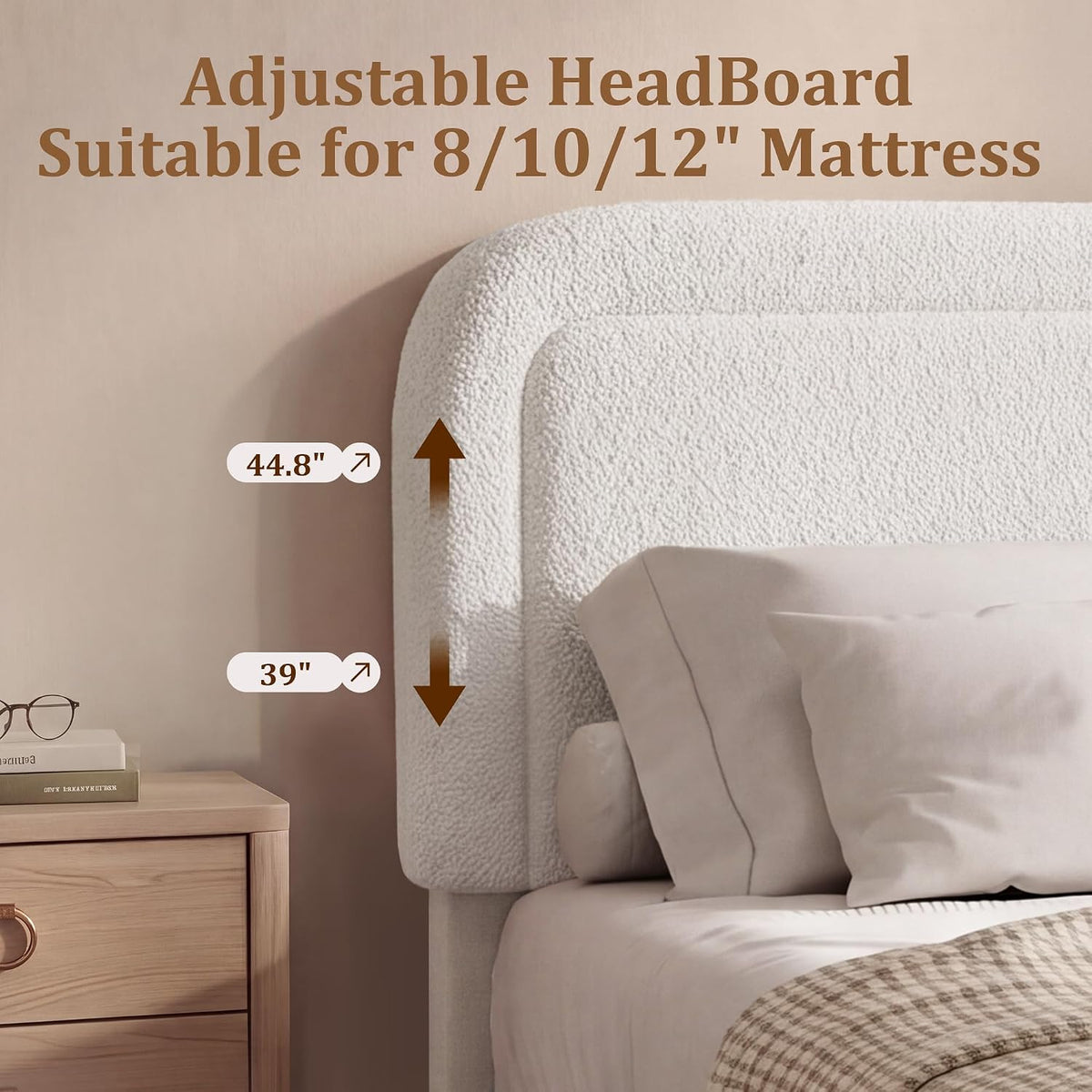vipbear boucle queen size bed frame with adjustable, close-up detail